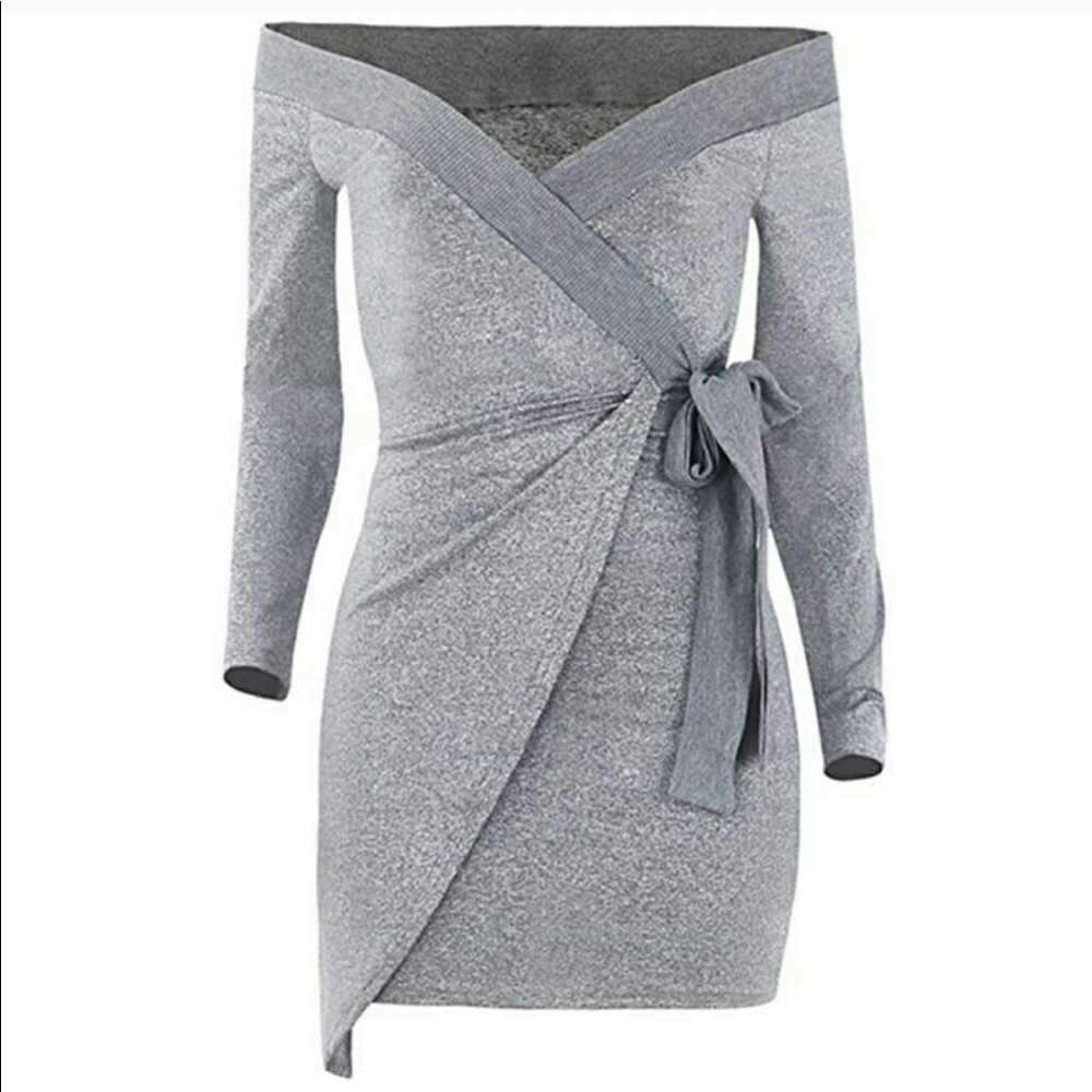 Sexy off the shoulder mock wrap dress. Gray, large - Picture 2 of 2